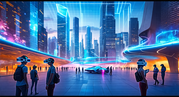 Create a futuristic scene of a vibrant city where people are immersed in virtual reality experiences. Show individuals wearing advanced VR headsets, interacting with holographic displays, and exploring virtual landscapes that blend seamlessly with the real world. Incorporate cutting-edge architecture, flying vehicles, and a mix of digital and physical elements that represent the integration of virtual reality in daily life.
