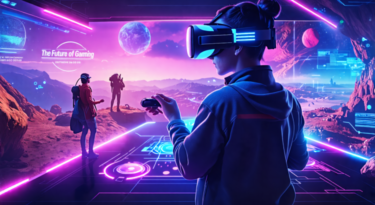 Create a captivating, futuristic scene titled The Future of Gaming featuring players using state-of-the-art VR headsets. The environment should blend advanced technology with immersive virtual landscapes, showing people interacting with life-like avatars, holographic interfaces, and augmented reality elements. Highlight the cutting-edge design of the VR headsets and the excitement on the players' faces, emphasizing the innovative and transformative nature of gaming in the future. Include a mix of both solo and multiplayer gaming experiences, set against a backdrop that hints at both the digital and physical worlds merging seamlessly.