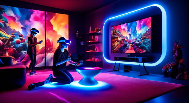 An ultra-modern living room featuring a person joyfully playing with the new PlayStation VR 2 headset. The room is filled with vibrant colors and futuristic decor, showcasing the sleek design of the VR headset and controllers. In the background, a large screen displays an exciting game scene, highlighting the immersive experience provided by the PlayStation VR 2. Include subtle reflections of virtual reality elements blending with the real environment.