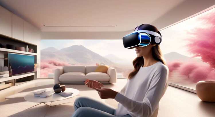 A sleek, futuristic virtual reality headset designed by Apple, set against a backdrop of an ultra-modern living room. The user is fully immersed in a digitally enhanced world, with vibrant holographic interfaces and surreal landscapes blending seamlessly into the physical space. The headset showcases hints of Apple's signature design elements, such as minimalist aesthetics and premium materials, emphasizing the revolution in digital experiences.