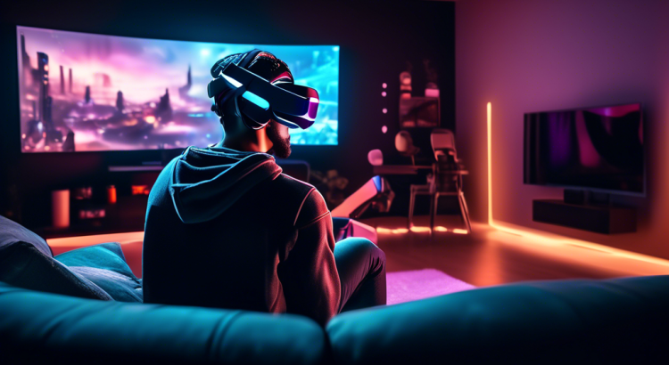 A high-tech scene featuring a gamer using the latest VR headset of 2022 in a futuristic living room, showcasing cutting-edge technology and sleek design. Include elements such as modern gaming accessories, a comfortable couch, and a large screen displaying an immersive game environment. The scene should have a vibrant, yet cozy ambiance, with LED lights setting a tech-savvy mood.
