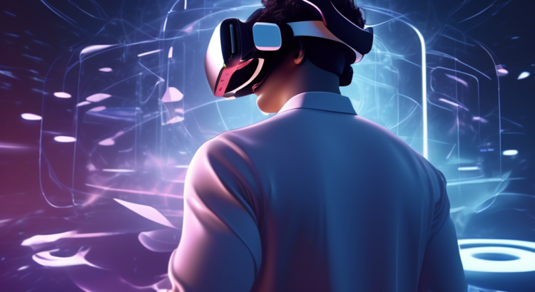 Create a detailed illustration showcasing the best VR headset of 2023. The scene should feature the sleek, futuristic design of the headset with advanced features like high-resolution displays and ergonomic comfort. The backdrop should be a modern, minimalist living room with subtle tech elements, highlighting the cutting-edge technology. Include a person comfortably using the VR headset, immersed in a captivating virtual environment with vibrant visuals, indicating the top model's outstanding performance and immersion. Add a small banner or title at the bottom of the image that reads, Das Beste VR-Headset 2023: Ein Leitfaden zum Top-Modell.