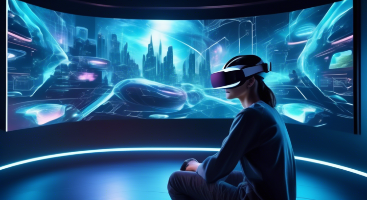 Create an image of a futuristic room with a person wearing a cutting-edge VR headset, surrounded by holographic screens and virtual landscapes that illustrate immersive gaming, educational experiences, and social interactions. The room should have a sleek and modern design, emphasizing the advanced technology of the VR headset.