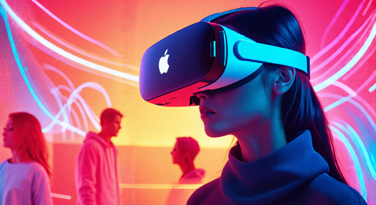 Create an image showcasing the future of virtual reality, focusing on Apple's VR technology. Imagine a sleek and futuristic VR headset with the iconic Apple logo, surrounded by an immersive digital world that includes interactive holograms, augmented reality elements, and people exploring new dimensions. Convey a sense of cutting-edge technology and innovation, with a clean and modern design aesthetic that reflects Apple's brand identity.