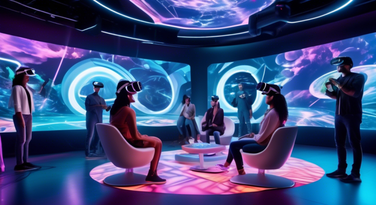 Create an imaginative and futuristic scene showcasing a group of diverse individuals enjoying various forms of entertainment while wearing advanced VR headsets. The setting is a sleek, modern living space with holographic displays, robotic assistants, and futuristic furniture. Activities depicted include virtual concerts, immersive gaming, 3D art creation, and interactive storytelling, highlighting the versatility and immersion of VR technology in the future of entertainment. Include vibrant colors, dynamic lighting, and detailed textures to create an atmosphere of excitement and innovation.