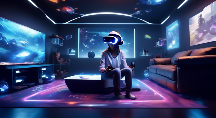 Create an image depicting a futuristic gaming scene featuring the PS VR 2. The setting should be a modern living room with advanced technology, where a gamer wearing the sleek, next-generation PS VR 2 headset is fully immersed in a dynamic, otherworldly virtual environment. Include holographic game elements spilling into the real world, showcasing the merging of virtual and real-life experiences. The background can have subtle elements like PlayStation-themed decor, emphasizing the innovative and revolutionary nature of the PS VR 2.