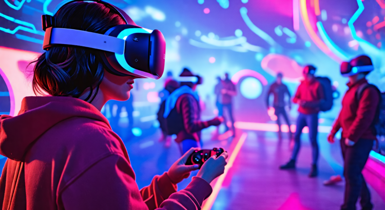 Create an image showcasing the future of gaming with PlayStation VR. The scene could include a futuristic, immersive gaming environment where players are wearing advanced PlayStation VR headsets. Highlight a diverse group of gamers engaged in various activities, from battling virtual monsters to exploring fantastical landscapes. Include high-tech visuals, vibrant colors, and holographic interfaces to emphasize the cutting-edge technology and the excitement of the future gaming experience with PlayStation VR.