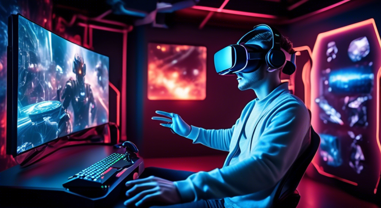 A high-tech gaming setup featuring an advanced VR headset and immersive accessories, showcasing a futuristic room filled with cutting-edge technology. The gamer is fully engaged in a virtual reality experience, surrounded by holographic interfaces, interactive 3D environments, and motion-tracking devices. The scene highlights the potential of VR in gaming, with vivid, dynamic visuals that depict a seamless blend of the virtual and real worlds.