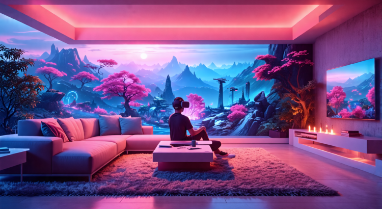 Create a futuristic scene showcasing a person using a cutting-edge virtual reality headset in a modern living room. The room is filled with sleek, high-tech gadgets and minimalist furniture. Through the VR headset, the person is immersed in a vibrant, immersive game world filled with extraordinary landscapes and characters. The image should convey a sense of innovation, excitement, and the limitless possibilities of future gaming.
