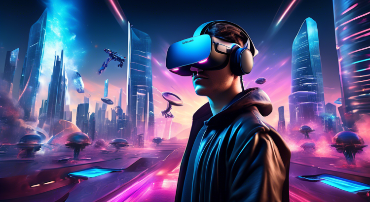 Create a futuristic scene showcasing advanced VR gaming with players immersed in a virtual world using the Oculus Rift S. Include sleek, high-tech gaming setups with vibrant holographic interfaces and futuristic city landscapes in the background. Highlight the excitement and immersion of the players as they interact with the virtual environment.