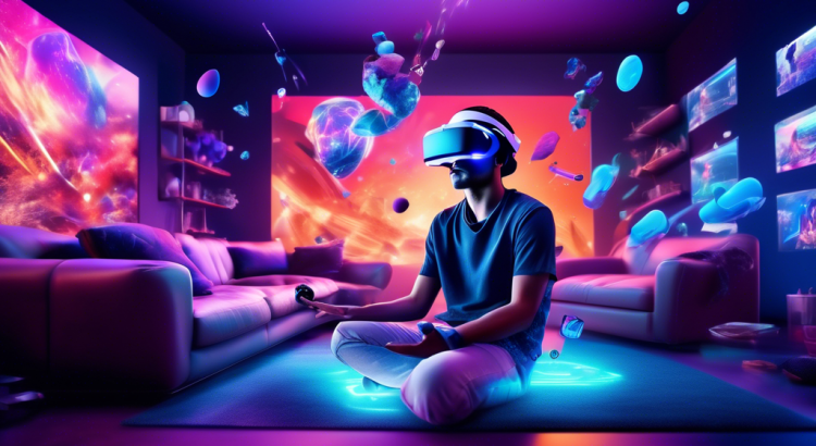 A person wearing a PlayStation VR headset, immersed in a vibrant, futuristic virtual reality world. They are surrounded by holographic game elements, with a backdrop that transitions seamlessly between a stylish living room and a fantastical gaming environment. PlayStation branding elements subtly integrated into the scene.