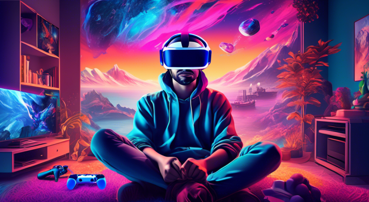 Create an image depicting a person fully immersed in a virtual world, wearing a PS4 VR headset. The background should transition from a cozy living room where they are seated to an expansive, fantastical virtual landscape filled with vibrant colors and futuristic elements. Include details like the PS4 console and controllers nearby to emphasize the gaming setup.