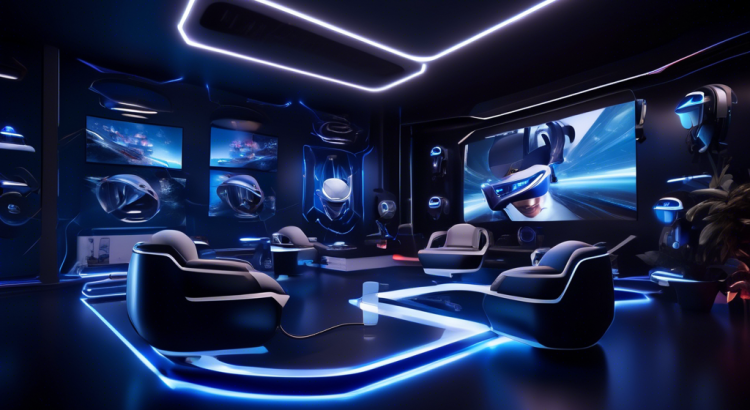 Create a realistic, high-resolution image depicting the new PS5 VR headset being used in a futuristic gaming setup. Show the headset with a sleek, modern design, featuring PS5 branding and advanced technology elements. The background should include a well-designed gaming room with ambient lighting, multiple monitors, and futuristic gaming controllers. The scene should convey excitement and immersion, highlighting the next generation of gaming experiences.
