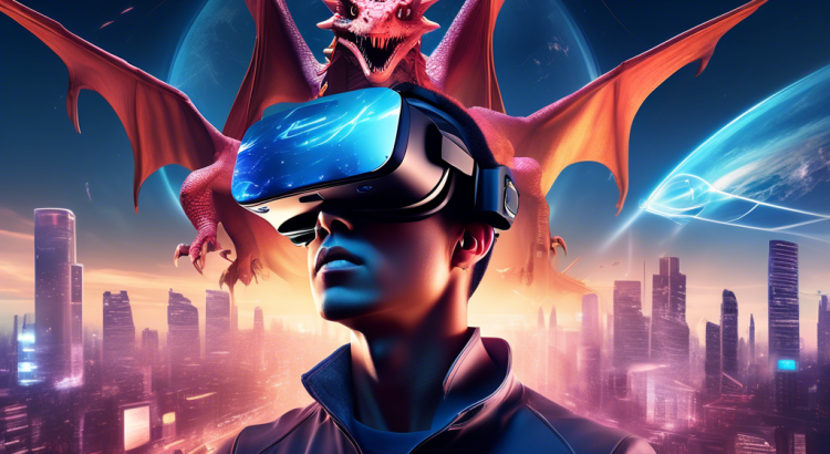 Create a futuristic scene featuring a person wearing a sleek, modern VR headset, such as the Oculus, in an immersive gaming environment. The background should showcase various virtual worlds blending seamlessly together, from fantasy landscapes with dragons to futuristic cities and sci-fi spaceships. The image should emphasize the sense of excitement and limitless possibilities in the future of gaming.