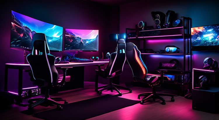 Create an image of various VR headsets connected to a high-end gaming PC setup. The setting is a modern, sleek gaming room with ambient LED lighting. The headsets are showcased on a desk next to a powerful PC tower, dual monitors displaying immersive virtual environments, and gaming accessories like controllers and a high-quality gaming chair, emphasizing a guide to VR headsets for PC enthusiasts.