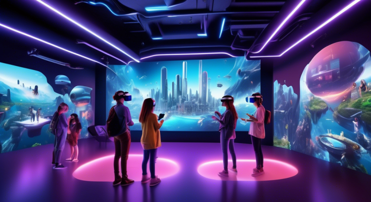 Create a vibrant scene of people exploring various virtual reality experiences in a modern, high-tech VR center. Include individuals of different ages and backgrounds wearing VR headsets and interacting with immersive environments, such as a futuristic cityscape, underwater adventure, and a medieval fantasy world. Also, incorporate elements that show the location is nearby, like a sign with the text 'VR in meiner Nähe' and a map showing local spots.