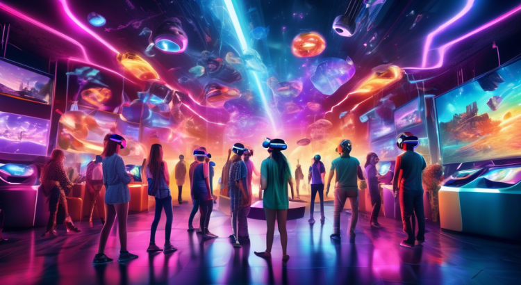 A vibrant scene of people in a high-tech virtual reality arcade. The room is filled with colorful VR headsets and motion controllers, with individuals fully immersed in various exciting virtual worlds, from futuristic cities to prehistoric landscapes. The atmosphere is lively and futuristic, highlighting the excitement of local VR experiences.
