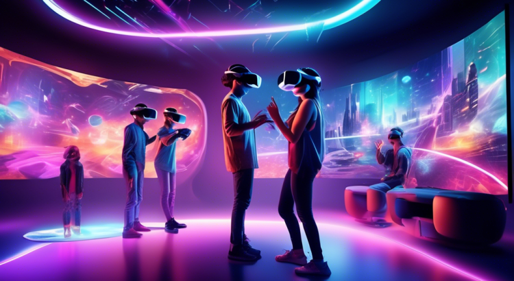 Create a futuristic scene showcasing people enjoying a highly immersive Virtual Reality (VR) experience in a sleek, modern entertainment center. Show individuals wearing advanced VR headsets, interacting with dynamic holographic environments, playing games, exploring virtual worlds, and socializing in virtual spaces. The setting should include cutting-edge technology, vibrant colors, and a sense of excitement and innovation.