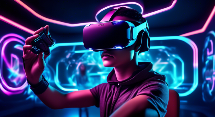 Create a futuristic scene showcasing the latest Meta VR headset. The background features a sleek, modern gaming room with neon accents and advanced technology. A diverse group of gamers is immersed in their virtual reality experiences, embodying the cutting-edge potential of VR gaming. Include dynamic holographic displays and hints of popular video game elements to emphasize the immersive aspect of the technology.